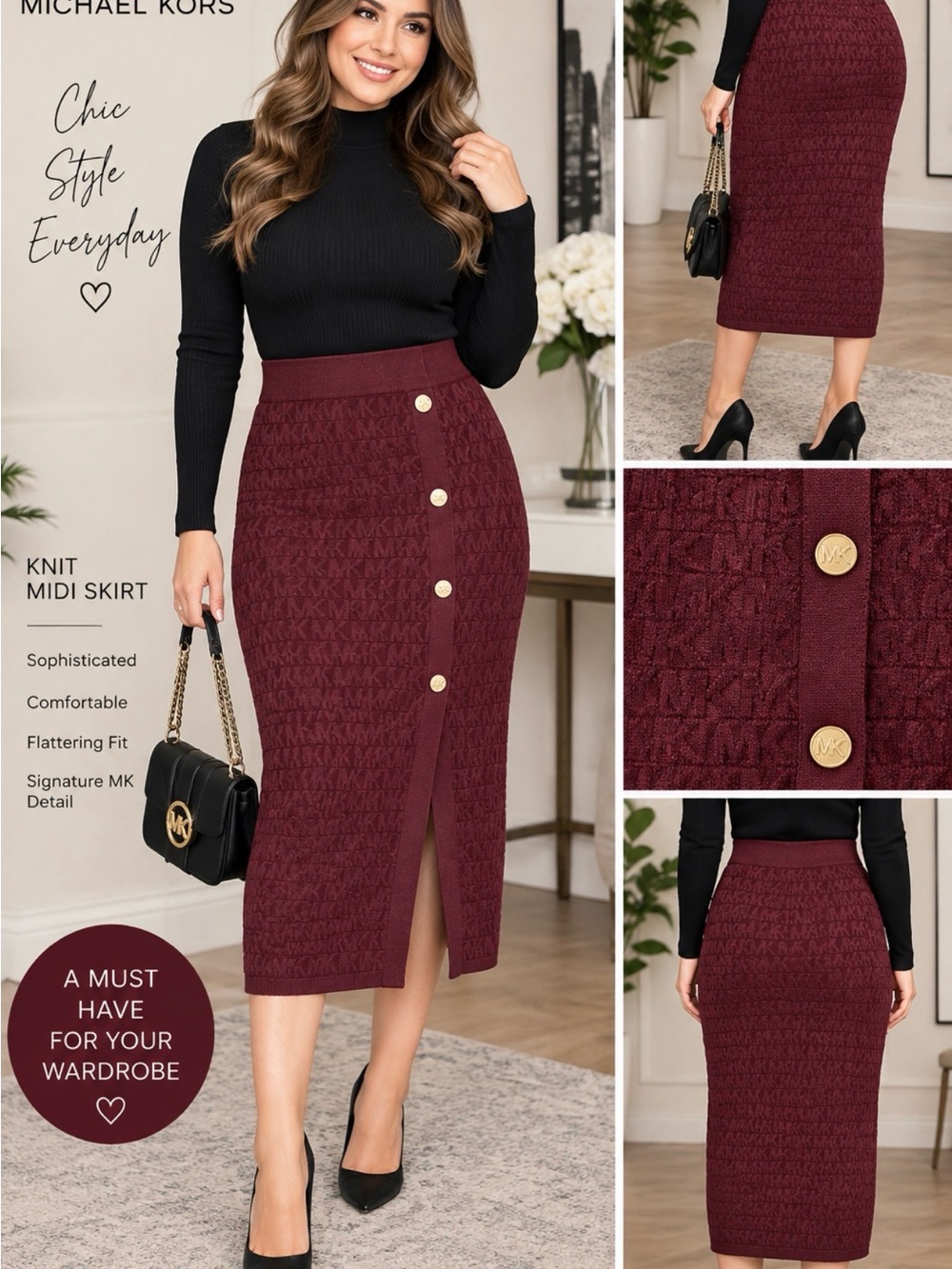 Michael Kors Burgundy Knit Midi Skirt with Side Button Slit